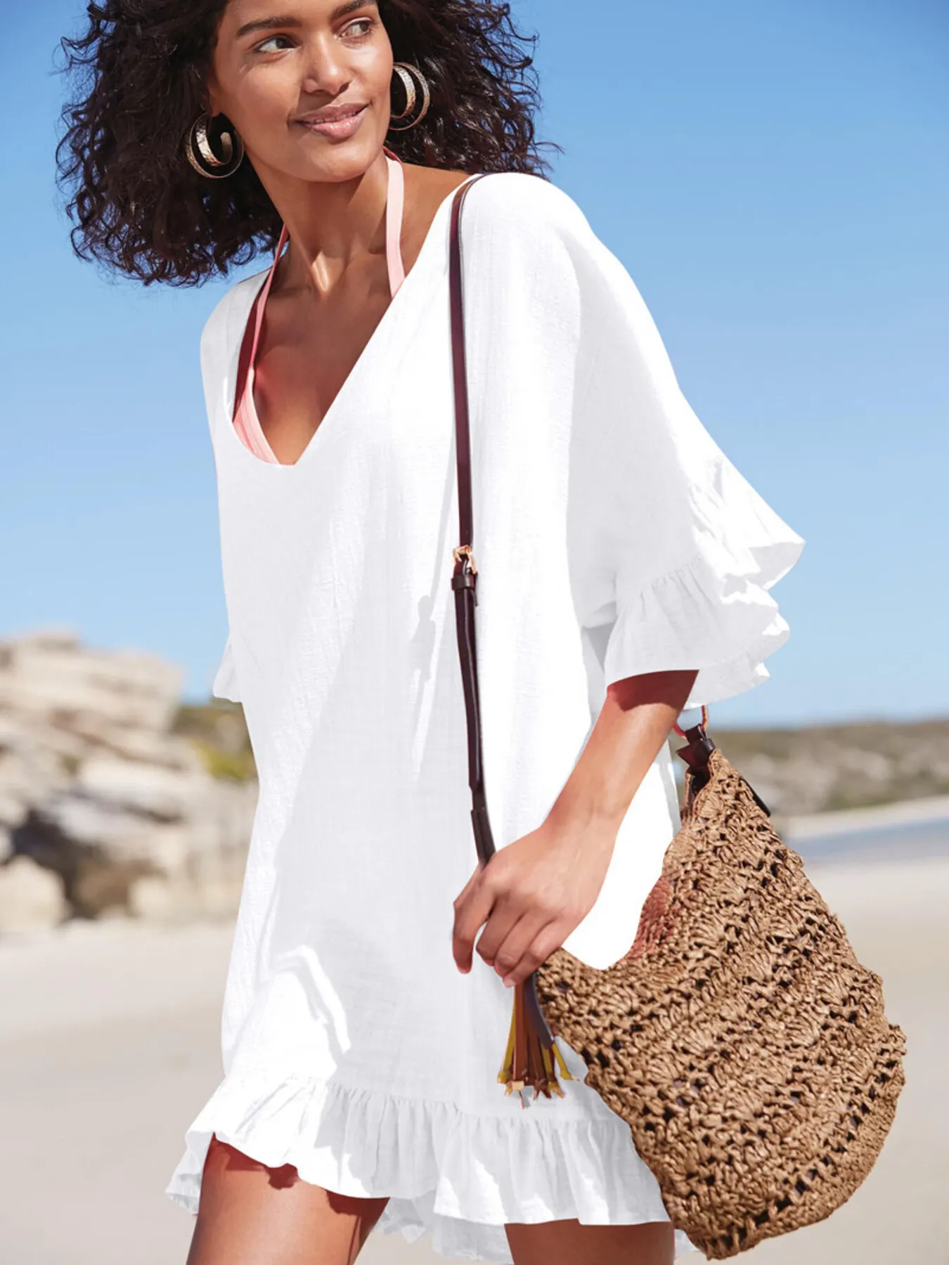 Ruffled Trim V-Neck Cover-Up Dress